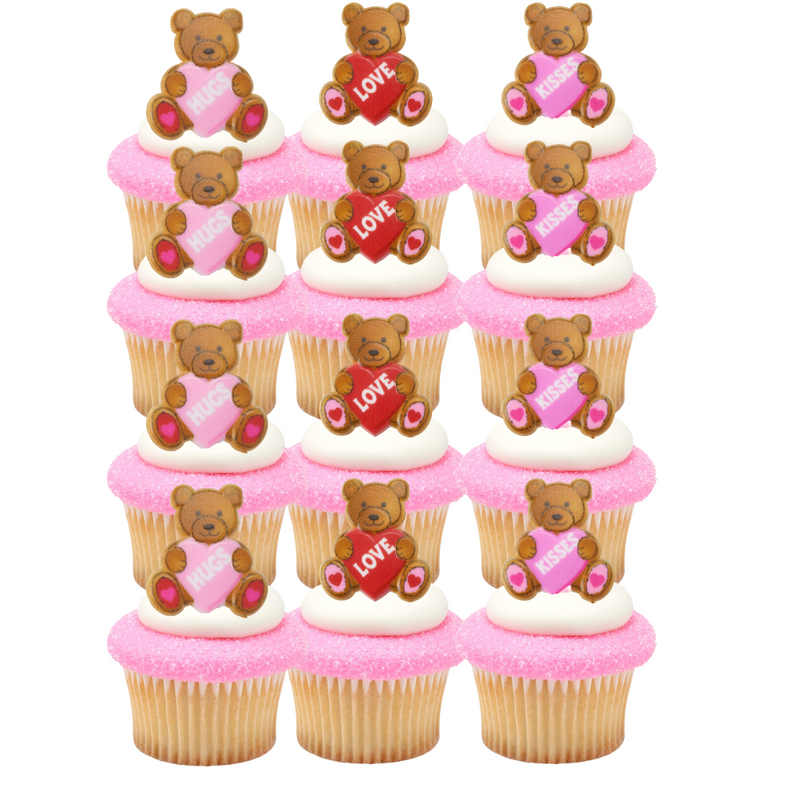 Valentine Hearts Bears Red & Pink   Cupcake - Desert  Decoration Topper Rings 12ct