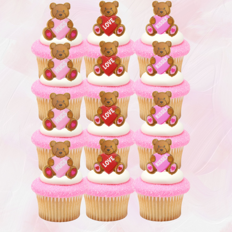 Valentine Hearts Bears Red & Pink   Cupcake - Desert  Decoration Topper Rings 12ct