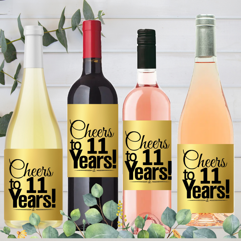 11th Birthday - Anniversary Cheers Metallic Gold Wine Bottle Decorative Stickers / Labels-8ct