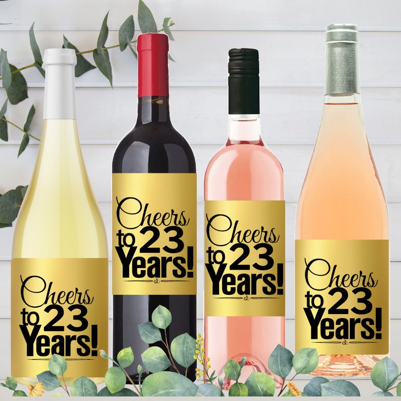 23rd Birthday - Anniversary Cheers Metallic Gold Wine Bottle Decorative Stickers / Labels-8ct