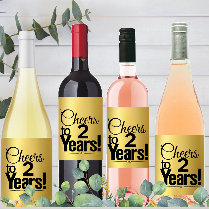 2nd Birthday - Anniversary Cheers Metallic Gold Wine Bottle Decorative Stickers / Labels-8ct