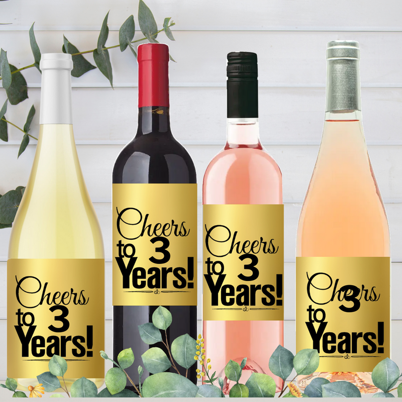 3rd Birthday - Anniversary Cheers Metallic Gold Wine Bottle Decorative Stickers / Labels-8ct