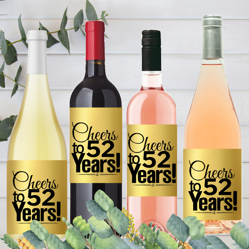 52nd Birthday - Anniversary Cheers Metallic Gold Wine Bottle Labels-8ct