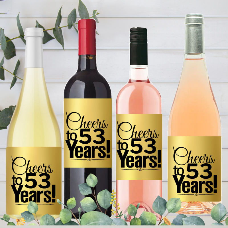 53rd Birthday - Anniversary Cheers Metallic Gold Wine Bottle Labels-8ct