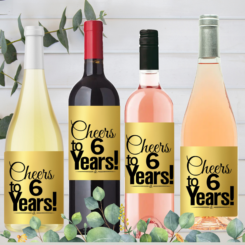 6th Birthday - AAnniversary Cheers Metallic Gold Wine Bottle Decorative Stickers / Labels-8ct