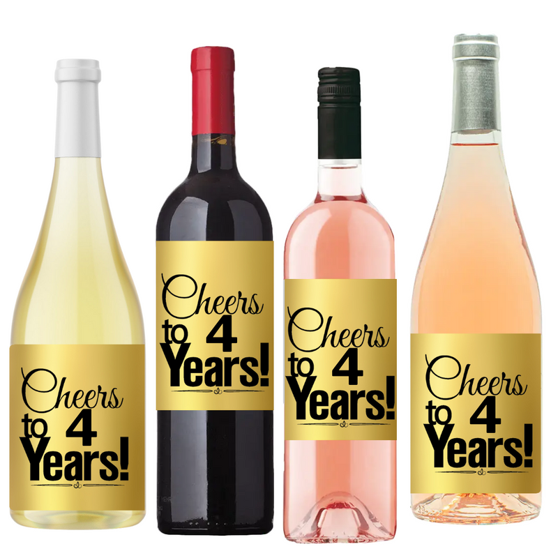 4th Birthday - Anniversary Cheers Metallic Gold Wine Bottle Decorative Stickers / Labels-8ct
