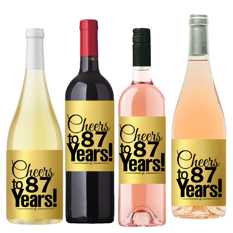 87th Birthday - Anniversary Cheers Metallic Gold Wine Bottle Labels-8ct