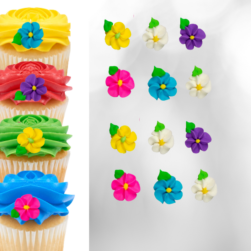 3/4" Mini Blossoms W-Leaf-Asst. Colors Royal Icing Cake-Cupcake Decorations 24 Ct