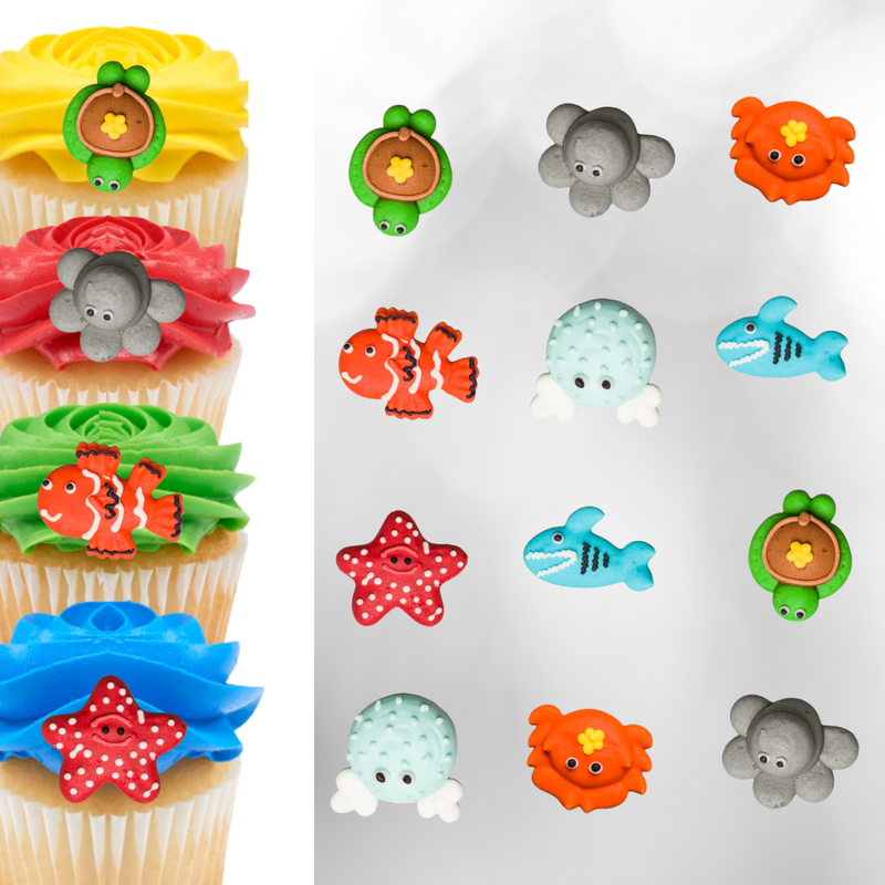 1"- 1.5" Mini Sea Critters Asst. Royal Icing Cake-Cupcake Decorations 12 Ct