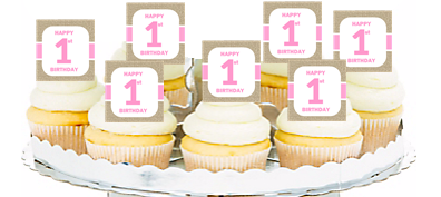 12pk Happy 1st (First) Birthday Brown-Pink Cupcake Decoration Picks