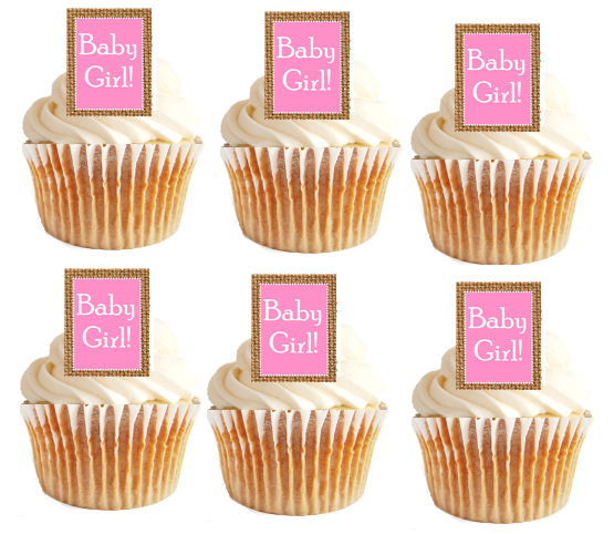 12pk Baby Girl Baby Shower Deep Burlap Brown - Pink Cupcake Decoration Picks
