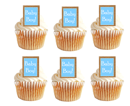 12pk Baby Boy Baby Shower Deep Burlap Brown - Blue Cupcake Decoration Picks