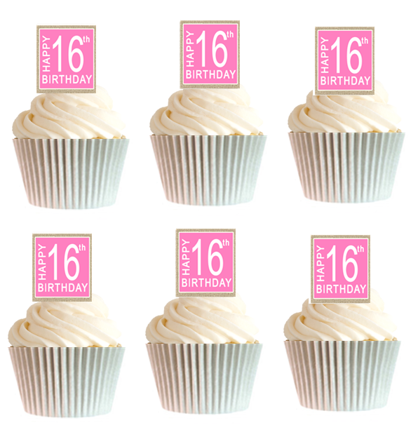 12pk Happy 16th Birthday Burlap Brown - Pink Cupcake Decoration Picks