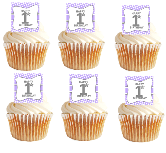 12pk Happy 1st (First) Birthday Mesh Purple Cupcake Decoration Picks