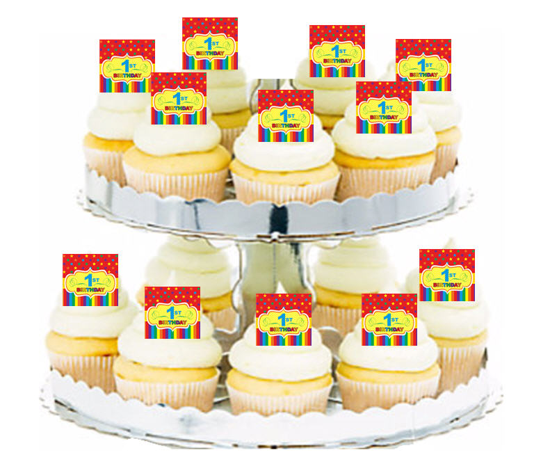 24ct Bright 1st Birthday Edible Wafer Cupcake Decoration Topper Picks