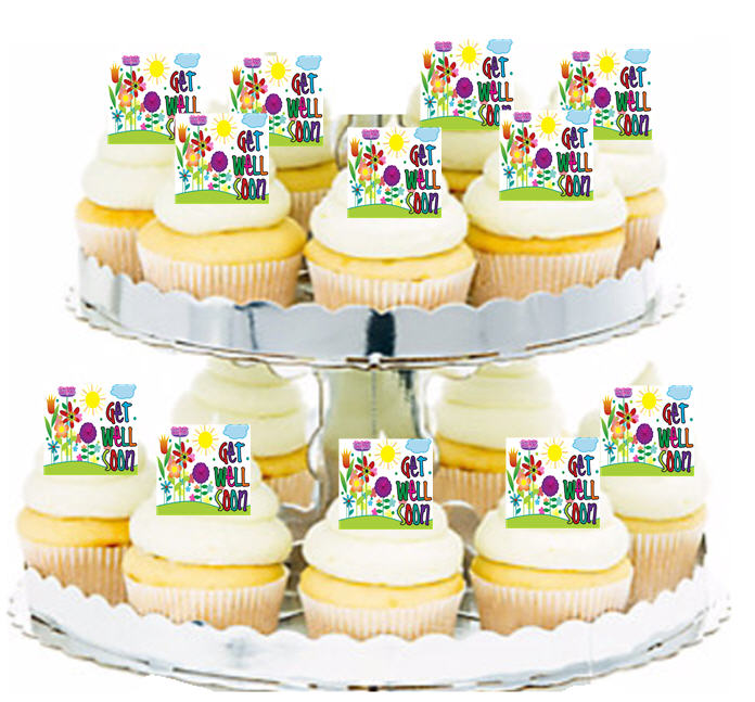 24ct Get Well Soon Floral Edible Wafer Cupcake Decoration Topper Picks