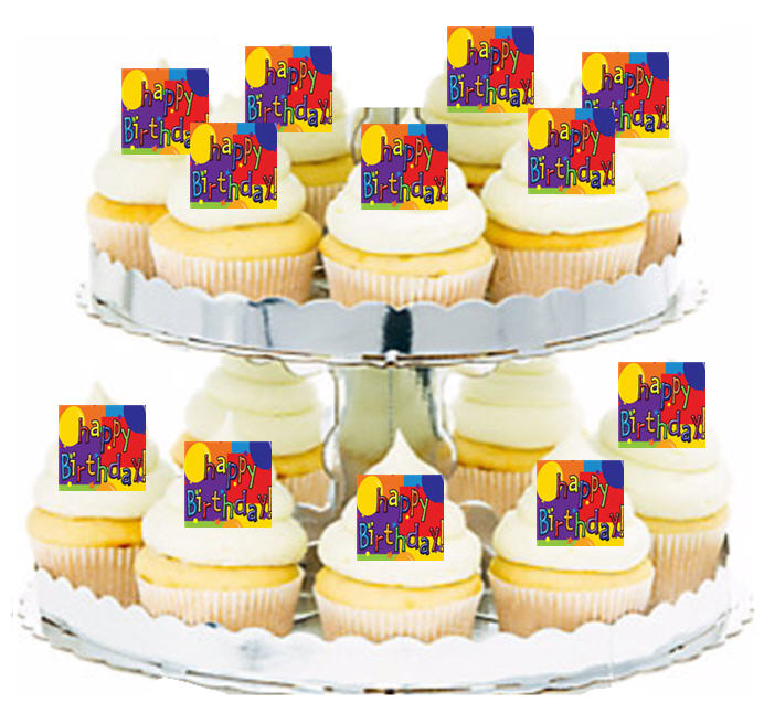 24ct Happy Birthday Bright Edible Wafer Cupcake Decoration Topper Picks