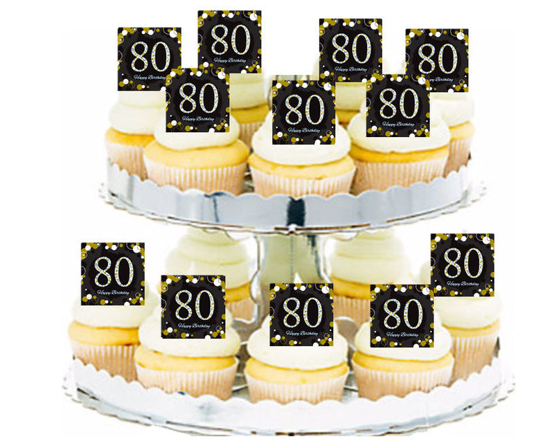 24ct Happy 80th Birthday Black & Gold Edible Wafer Cupcake Decoration Topper Picks