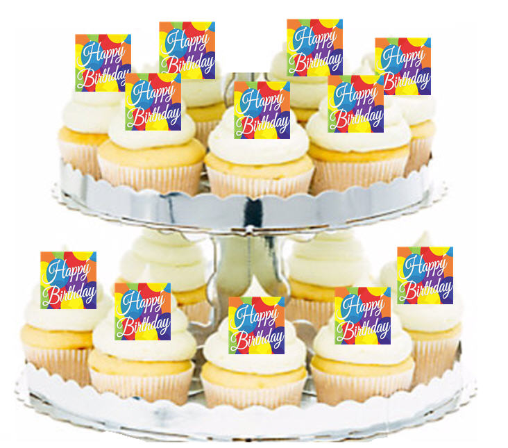 24ct Happy Birthday elegant Balloons Edible Wafer Cupcake Decoration Topper Picks
