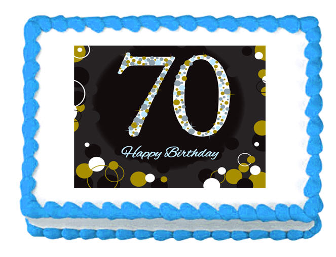 Happy 70th Birthday Black & Gold Edible Cake Decoratoin Topper