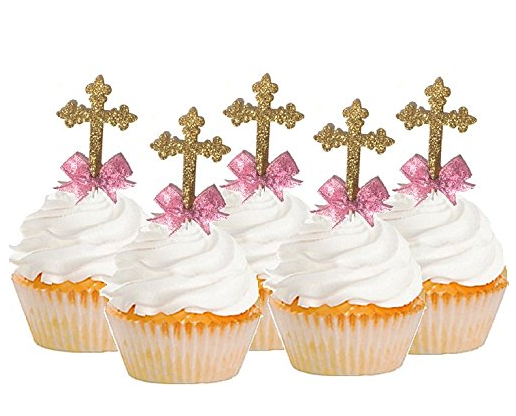 12pack Gold Glitter First Communion - Baptism Cake Decoration Cross with Pink Bow
