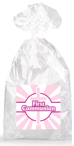 Pink Cross with Pink and White Rays First Communion  Party Favor Bags with Ties - 12pack