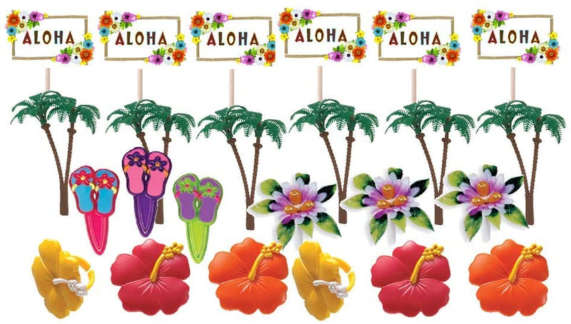 Hello Summer Hawaiian Luau Hibiscus Palm Tree Aloha Fruit Themed Party/Cake Decorations -24pk