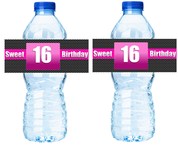 Sweet 16 Black Polka Dots Birthday Party Water Bottle Labels