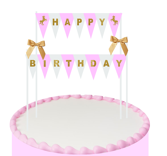 Pink White Gold Unicorn Happy Birthday Cake Decoration Bunting Banner Topper