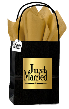 Black & Gold Just Married Themed Wedding Small Party Favor Gift Bags Tags -12pack