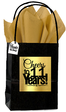 Black & Gold 11th Birthday - Anniversary Cheers Themed Small Party Favor Gift Bags with Tags -12pack