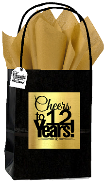 Black & Gold 12th Birthday - Anniversary Cheers Themed Small Party Favor Gift Bags with Tags -12pack