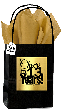 Black & Gold 13th Birthday - Anniversary Cheers Themed Small Party Favor Gift Bags with Tags -12pack