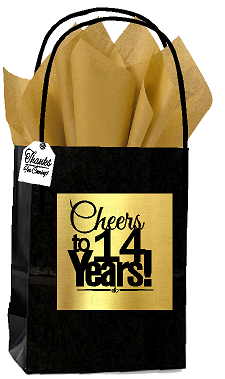 Black & Gold 14th Birthday - Anniversary Cheers Themed Small Party Favor Gift Bags with Tags -12pack