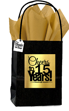 Black & Gold 15th Birthday - Anniversary Cheers Themed Small Party Favor Gift Bags with Tags -12pack