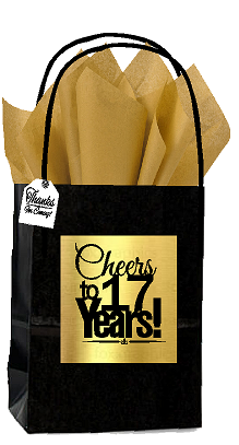 Black & Gold 17th Birthday - Anniversary Cheers Themed Small Party Favor Gift Bags with Tags -12pack