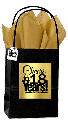 Black & Gold 18th Birthday - Anniversary Cheers Themed Small Party Favor Gift Bags with Tags -12pack