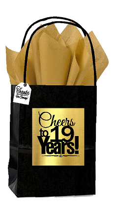 Black & Gold 19th Birthday - Anniversary Cheers Themed Small Party Favor Gift Bags with Tags -12pack