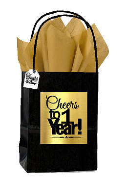 Black & Gold 1st Birthday - Anniversary Cheers Themed Small Party Favor Gift Bags with Tags -12pack