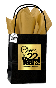 Black & Gold 22nd Birthday - Anniversary Cheers Themed Small Party Favor Gift Bags with Tags -12pack