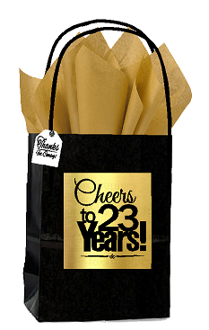 Black & Gold 23rd Birthday - Anniversary Cheers Themed Small Party Favor Gift Bags with Tags -12pack