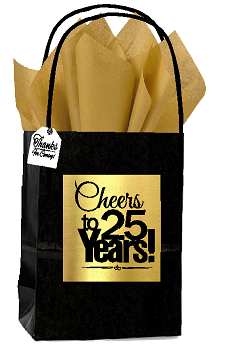 Black & Gold 25th Birthday - Anniversary Cheers Themed Small Party Favor Gift Bags with Tags -12pack