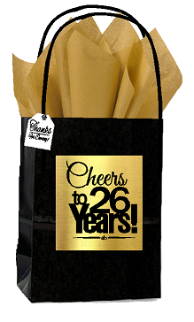 Black & Gold 26th Birthday - Anniversary Cheers Themed Small Party Favor Gift Bags with Tags -12pack