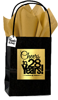 Black & Gold 28th Birthday - Anniversary Cheers Themed Small Party Favor Gift Bags with Tags -12pack