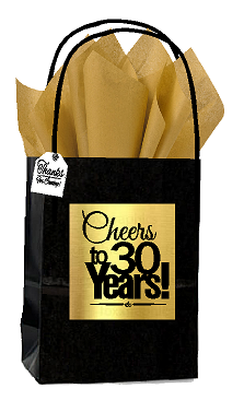 Black & Gold 30th Birthday - Anniversary Cheers Themed Small Party Favor Gift Bags with Tags -12pack