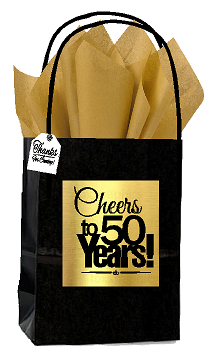 Black & Gold 50th Birthday - Anniversary Cheers Themed Small Party Favor Gift Bags with Tags -12pack