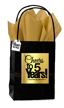 Black & Gold 5th Birthday - Anniversary Cheers Themed Small Party Favor Gift Bags with Tags -12pack