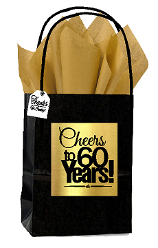 Black & Gold 60th Birthday - Anniversary Cheers Themed Small Party Favor Gift Bags with Tags -12pack