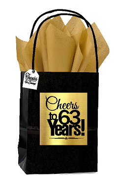 Black & Gold 63rd Birthday - Anniversary Cheers Themed Small Party Favor Gift Bags with Tags -12pack