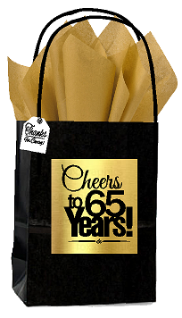 Black & Gold 65th Birthday - Anniversary Cheers Themed Small Party Favor Gift Bags with Tags -12pack